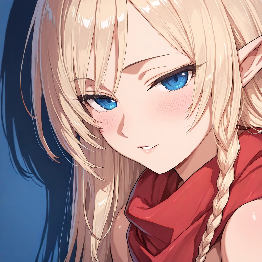 alleyne, 1girl, solo, elf, pointy ears, long hair, blue eyes, blonde hair, single braid, red scarf portrait, blush, seductive smile, parted lips, <lora:AlleyneIllustXL:1>, (masterpiece),(best quality),(ultra-detailed),(best illustration),(best shadow),(absurdres),(detailed background),(very aesthetic),