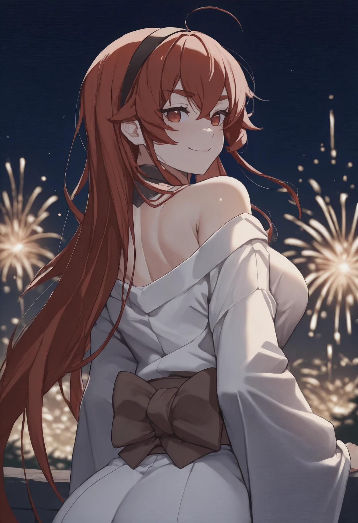 anime, masterpiece, best quality, from behind, solo, 1girl, er1s, smile, looking back, long hair, red hair, hair between eyes, ahoge, crossed bangs, sidelocks, black hairband, red eyes, thick eyebrows, japanese clothes, white kimono, off shoulder, brown sash, bare shoulders, outdoors, night, fireworks
<segment:yolo-face_yolov8m.pt,0.4,0.5//cid=1>