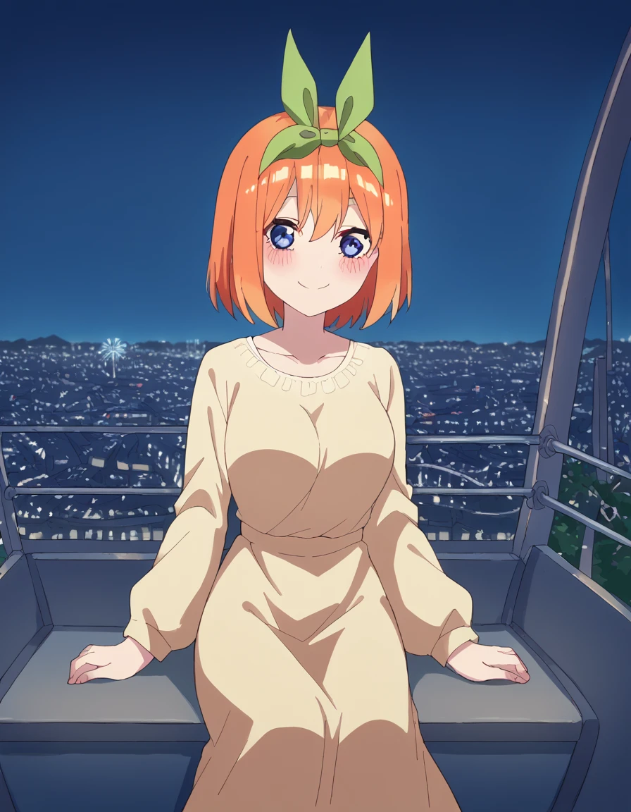 score_9, score_8_up, score_7_up, source_anime, <lora:yotsuba-nakano-s2-ponyxl-lora-nochekaiser:1>, yotsuba nakano, bangs, short hair, blue eyes, hair between eyes, hair ribbon, hairband, orange hair, green ribbon, large breasts,, <lora:ferris-wheel-interior-ponyxl-lora-nochekaiser:1>, ferris wheel interior, ferris wheel, gondola, cityscape, amusement park, city lights, night, fireworks, aeriel firworks, night sky, city, skyline, sky,, sitting, smile, blush, looking at viewer,,