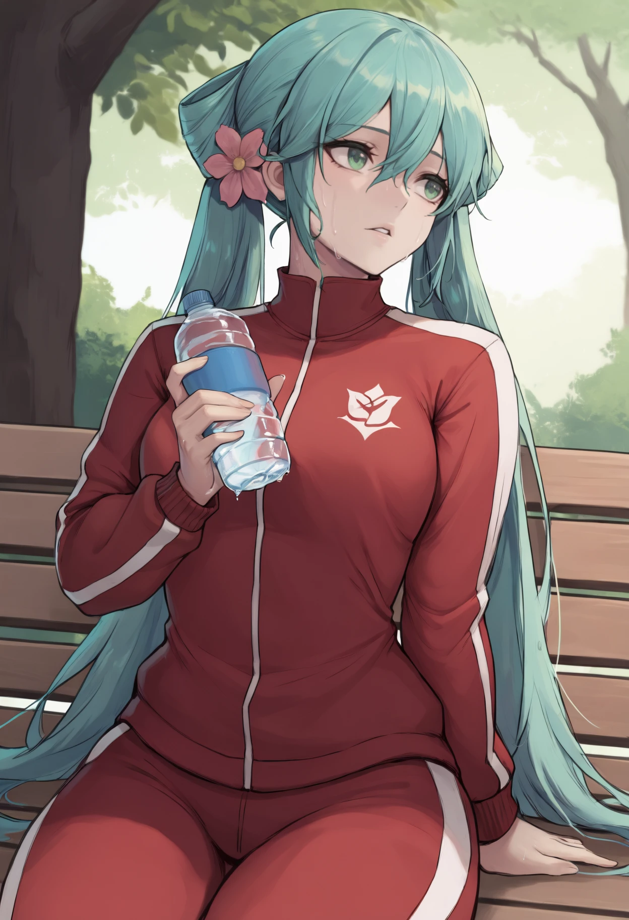 masterpiece, best quality, solo, 1girl, shaohuamiku, sweat, parted lips, looking away, sitting, park bench, holding water bottle, aqua hair, hair between eyes, twintails, hair flower, pink flower, green eyes, track suit, red jacket, track jacket, long sleeves, red pants, outdoors, day, tree
<segment:yolo-Anzhc Face seg 640 v2 y8n.pt,0.4,0.5//cid=1>