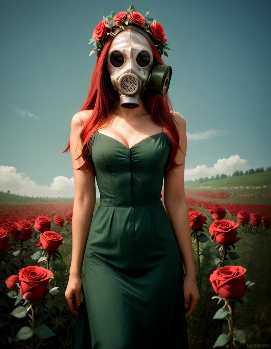 score_9, score_8_up, score_7_up, score_6_up, 1girl, green dress, standing, full body, toxic colored red hair, looking at camera, looking at viewer, white gas mask pmg, black lenses gas mask, green gas mask filter, roses crown in her hair, field of red roses, perfect proportions, perfect details, perfect anatomy