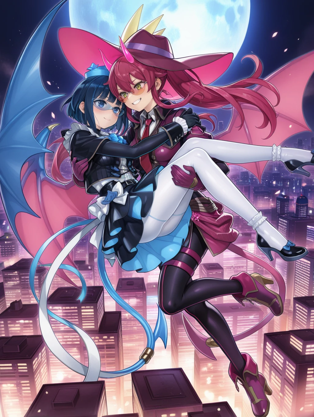 phantom thief,2girls,princess carry,moon,yuri,flying,cityscape,official art,smile,evil twin ki-sikil,purple demon wings,purple demon tail,red necktie,twintails,purple skirt,purple large hat,purple gloves,purple cropped jacket,orange-tinted eyewear,black bodystocking,purple high heel boots,pink demon horns,night sky,evil twin lil-la,blue bowtie,blue demon tail,blue demon wings,white frilled shirt,black frilled skirt,black jacket,blue mini hat,white pantyhose,blue-tinted eyewear,black high heel boots,black gloves,full body,
masterpiece,best quality,amazing quality,very aesthetic,absurdres,newest,<lora:Evil Twin illuXL v1:0.7>,