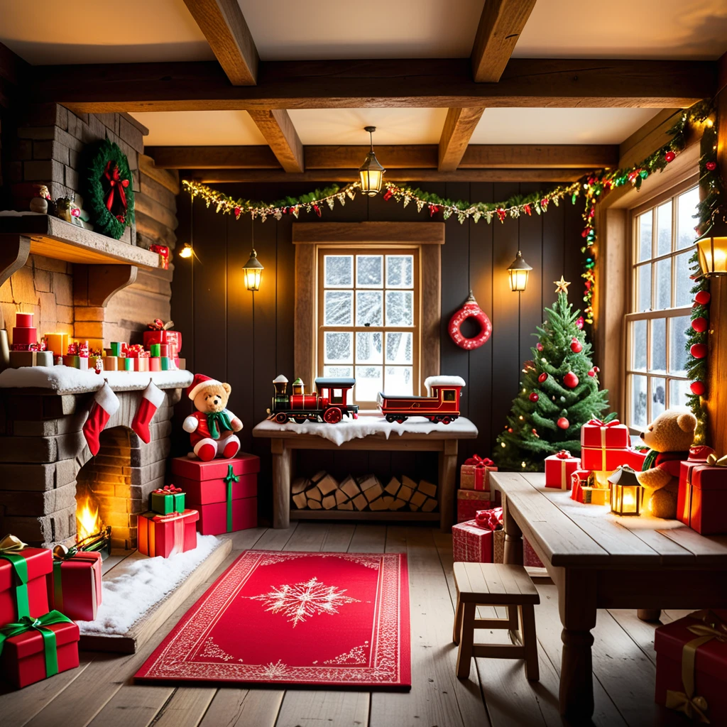 A warm, inviting photograph of Santa Claus's workshop, completely empty yet brimming with festive energy. The room is illuminated by soft golden light from lanterns hanging from wooden beams and a crackling fireplace in the corner. Wooden tables are scattered with tools, paints, and half-assembled toys, including a bright red train, a teddy bear, and colorful wooden blocks. Shelves along the walls overflow with vibrant gift boxes, plush toys, and neatly stacked wrapping paper rolls. The floor is dusted with wood shavings and glitter, adding a sense of activity left behind. Snow-covered windows reveal a faint winter landscape outside, with icicles hanging from the edges. A large chalkboard on one wall lists "Nice & Naughty" names in festive handwriting. The air feels magical, as though the elves just stepped out for a break, leaving the workshop frozen in a perfect holiday moment.<lora:SDXLFaeTastic2400:0.4> <lora:extremely_detailed:0.4> extremely detailed,, Masterpiece,best quality,hi res,8k,hi res,8k,award winning,(sharp focus, intricate, highly detailed),