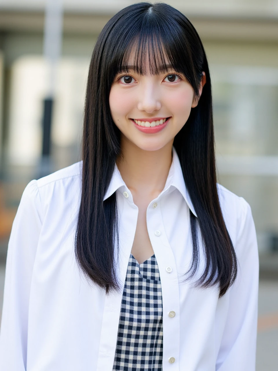 A photograph of a young Asian woman named konishi, with long, straight black hair, wearing a white blouse with a black and white checkered blouse underneath, standing outdoors in natural light.