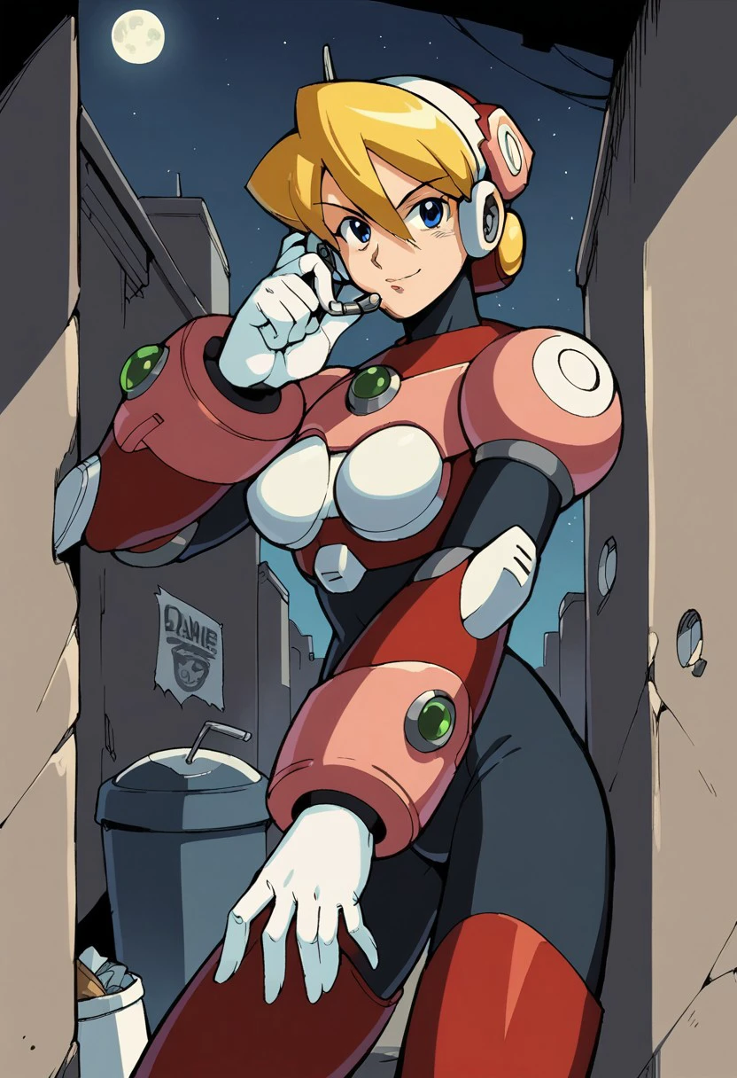 score_9, score_8_up, score_7_up, score_6_up, score_5_up, source_anime, anime_coloring, anime_screencap, retro_artstyle,
AliaMMX, android, 1girl, blonde hair, bangs, hair between eyes, blue eyes, robot ears, breasts, MMX5, headset, short hair, hair bun, red armor, red boots, white gloves, black bodysuit
upper body, close-up, face focus, looking at viewer standing, leaning, leaning against the wall, smirk, naughty face, mean look, rebel, dark alley, garbage, paper, trash cans, graffiti, torn posters, detailed background, night sky, stars, black sky, moon, moonlight, moon's ray, dim lights, cityscape