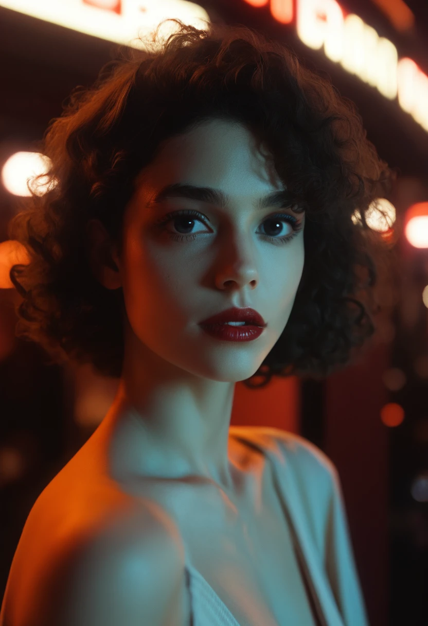 score_9, score_8_up, score_7_up, score_6_up, cinematic, cinema shot, film grain, depth of field, 1girl, solo, black hair, curly hair, looking at viewer, short hair, lips, parted lips, lipstick, makeup, blurry, red lips, portrait, black eyes, realistic