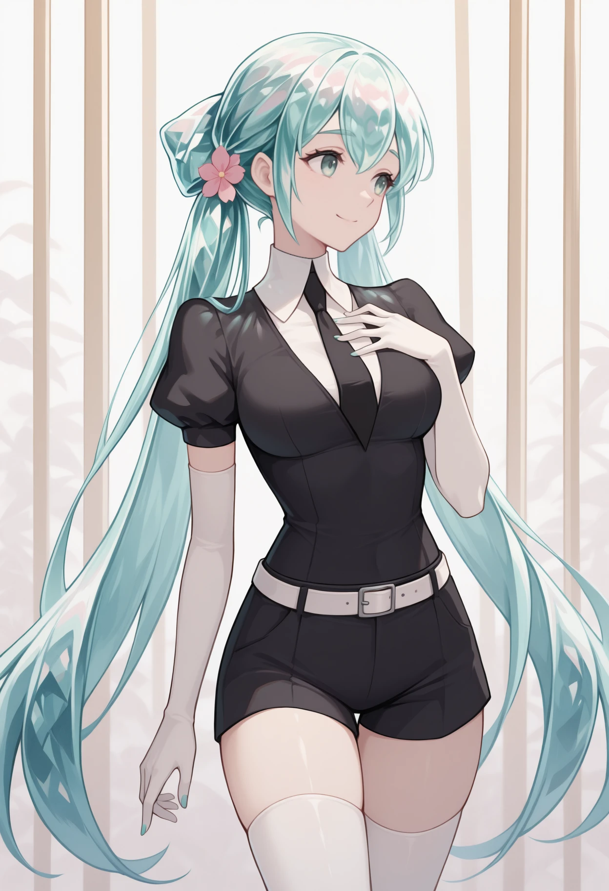 masterpiece, best quality, solo, 1girl, shaohuamiku, slight smile, looking to the side, standing, hand on own chest, aqua hair, hair between eyes, twintails, crystal hair, hair flower, pink flower, green eyes, black shirt, puffy short sleeves, white collared shirt, black necktie, white gloves, elbow gloves, black shorts, white belt, white thighhighs, aqua nails, medium breasts, abstract background
<segment:yolo-face_yolov8m.pt,0.4,0.5//cid=1>