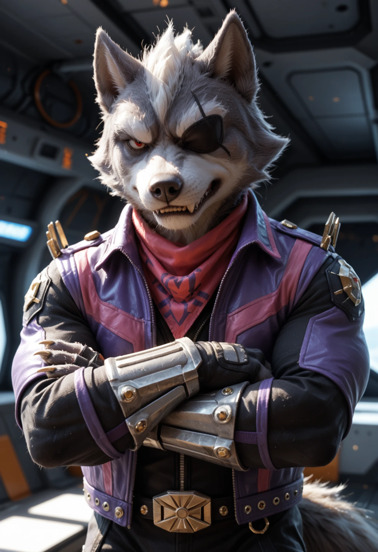 safe_pos, score_9, score_8_up, score_7_up, score_6_up, score_5_up, score_4_up, source_furry, hi res, concept art, realistic, bokeh, inside spaceship, portrait, solo, standing, Wolf O'Donnell, Red Eye, Right Eyepatch, Pink Kerchief, Purple Sleeveless Jacket, Black Bodysuit, Purple Fingerless Gloves, Metal Boots, Gold Buckle, sharp fangs, looking at viewer, clenched teeth, anthro, male, paws, muscular, arms crossed, seductive look, biting lip