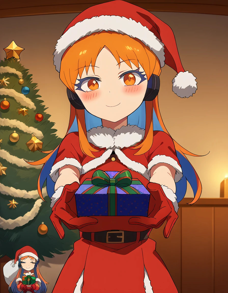 score_9, score_8_up, score_7_up, source_anime, <lora:mechaude-twos-s1-ponyxl-lora-nochekaiser:1>, twos, long hair, bangs, orange hair, orange eyes, two-tone hair, blue hair, medium breasts, anime screencap,, <lora:santa-costume-ponyxl-lora-nochekaiser:1>, santa costume, santa hat, christmas, sack, merry christmas, gift, fur-trimmed headwear, holding sack, santa dress, fur-trimmed dress, christmas tree, christmas tree, fur trim, red capelet, gift box, red gloves, fur-trimmed capelet, santa gloves, red hat, hat,, smile, blush, looking at viewer, <lora:incoming-gift-ponyxl-lora-nochekaiser:1>, incoming gift, outstretched arms, holding, holding gift, gift, gift box,, , dutch angle, cowboy shot