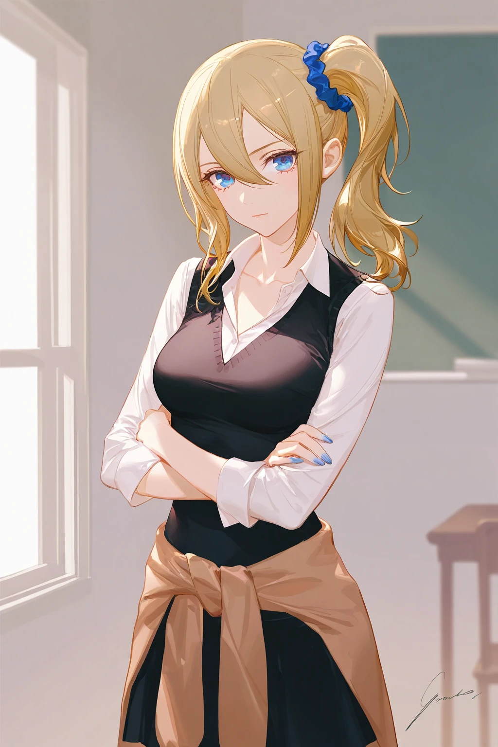 artist:ask_(askzy),artist:yolanda,[artist:WANKE],artist:ciloranko BREAK Simple Flat Coloring,shiny skin,very aesthetic,high definition,masterpiece,illustration,best quality, - 1girl, solo, hayasaka ai, blonde hair, side ponytail, clothes around waist, scrunchie, shuuchiin academy school uniform, hair scrunchie, blue eyes, hair ornament, hair between eyes, looking at viewer, school uniform, shirt, blue scrunchie, collared shirt, breasts, white shirt, cardigan around waist, crossed arms, closed mouth, signature, sweater around waist, sidelocks, bangs, long sleeves, cardigan, indoors, long hair, nail polish, window, medium breasts, blue nails, sweater, collarbone, cowboy shot, standing