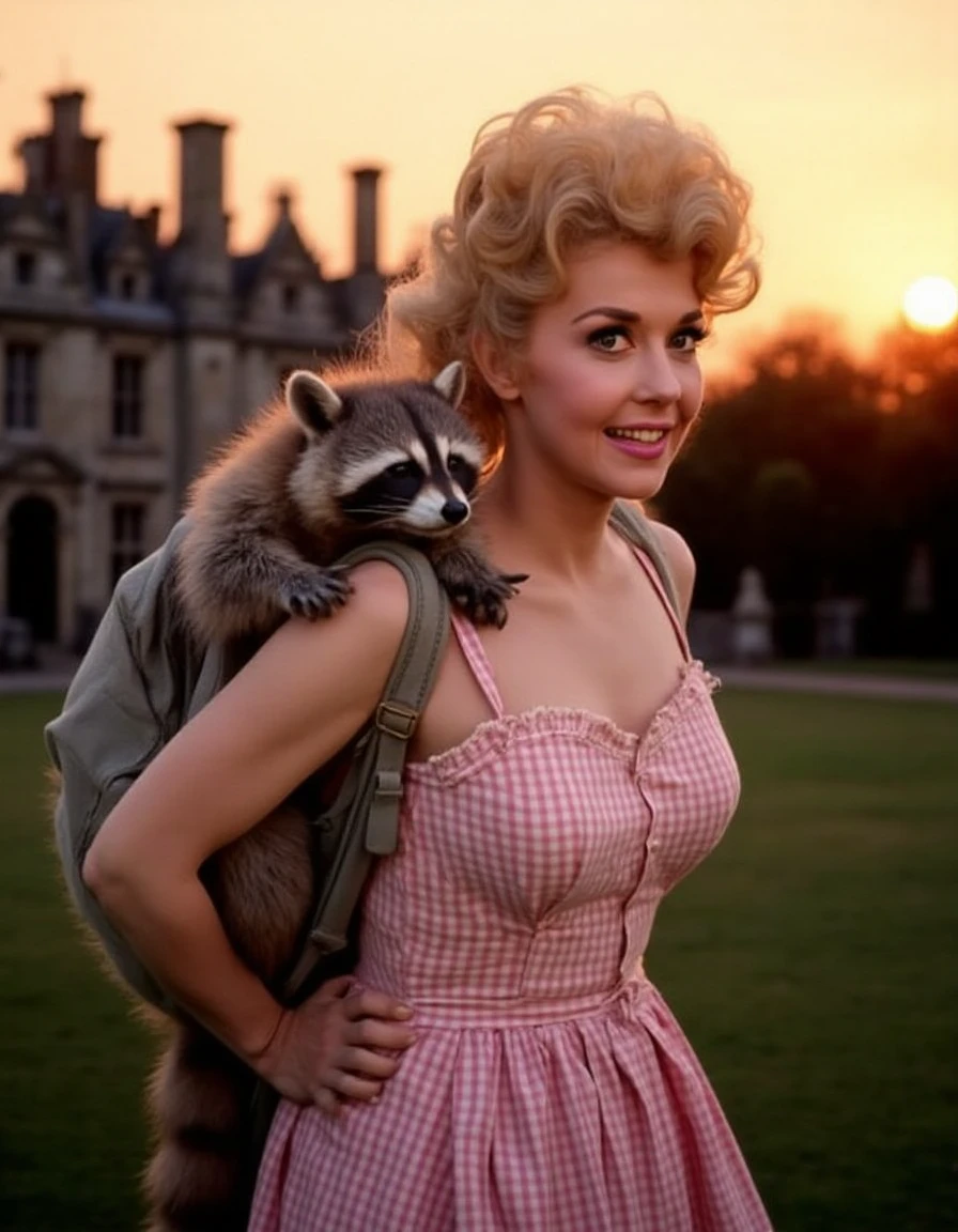 <lora:donna-douglas-elly-may-clampett-flux:1.1> a woman in a pink checkered low cut dress with pinafores, in front of the mansion in sunset with raccoon in baby carrier black and white film still