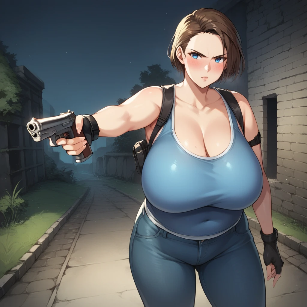 score_9, score_8_up, score_7_up, score_6_up, score_5_up, score_4_up, source_anime, anime, looking at viewer, jill valentine, plump, two-handed, holding weapon, handgun, looking away, blue tanktop, jeans, pubic hair, curvy, 1girl, solo, brown hair, short hair, blue eyes, standing, aiming, weapon, handgun, holding, huge breasts, outdoors, blush, serious, legs apart, aroused, night, ruins, tree, city, plant, grass, <lora:Jill_Valentine_Chubster_RE_3_Remake_LORA_PONY:0.8>,