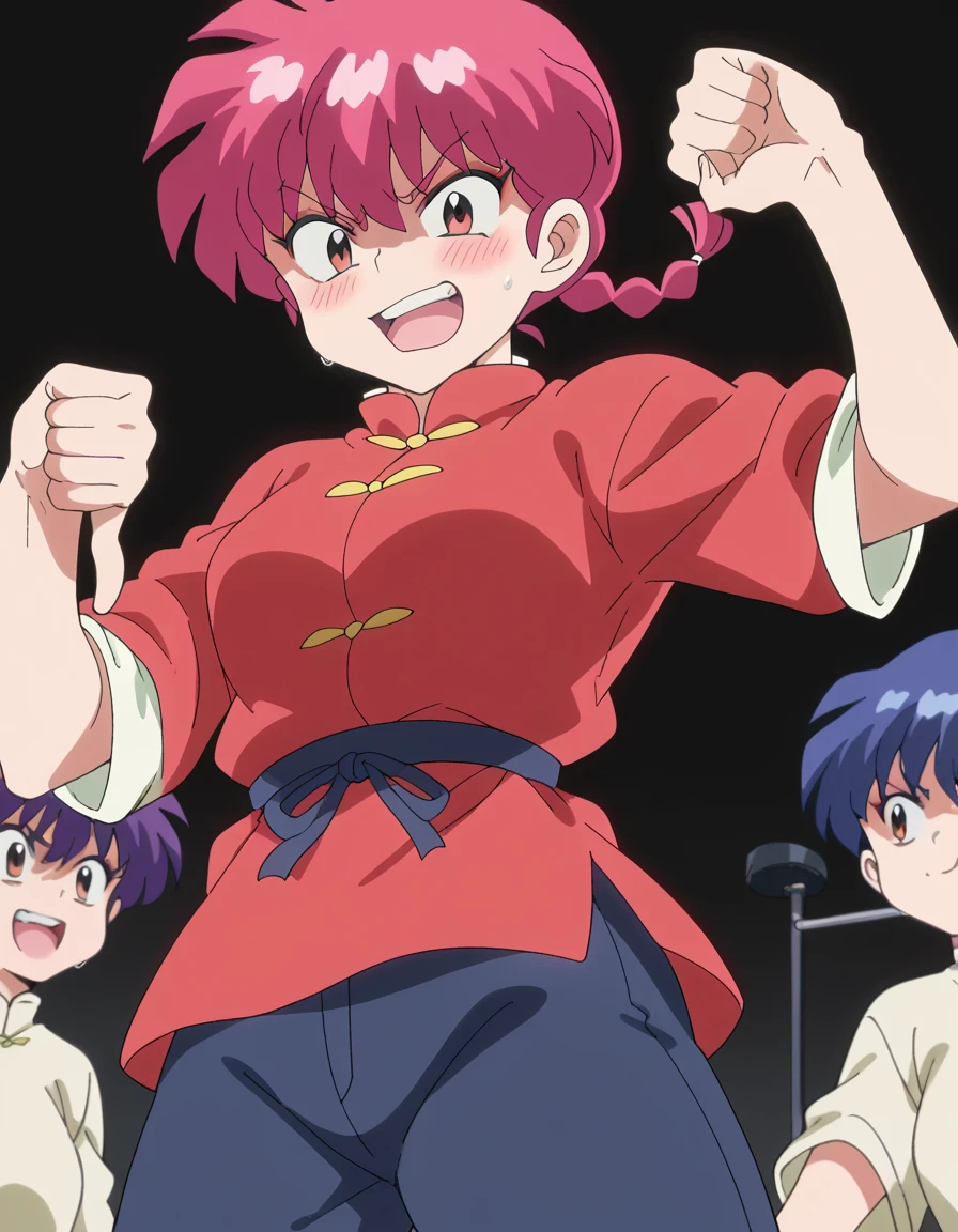 score_9, score_8_up, score_7_up, source_anime, <lora:ranma-saotome-s1-ponyxl-lora-nochekaiser:1>, ranma saotome, braid, red hair, single braid, braided ponytail, red eyes, medium breasts, anime screencap,, pants, chinese clothes, tangzhuang,, gym, weights, machines, people, sweat, , <lora:thumbs-down-ponyxl-lora-nochekaiser:1>, thumbs down, blush, from below, smug, tongue, tongue out, open mouth, black background, looking at viewer, solo,, dutch angle, cowboy shot