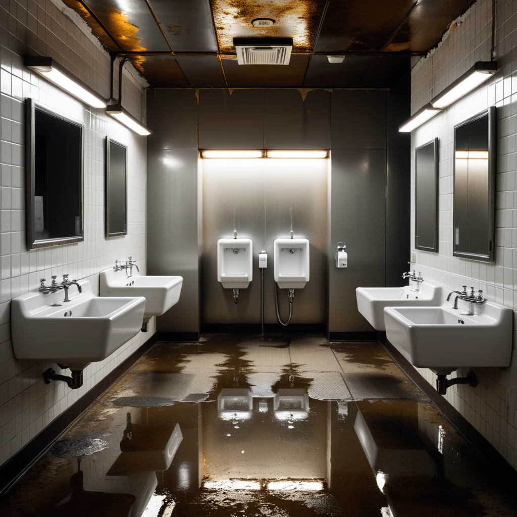 The interior of a public restroom with a utilitarian and slightly neglected design. The walls are covered in plain, slightly stained white tiles, some of which are cracked or chipped. The floor consists of large, dull gray tiles with faint scuff marks and small puddles of water near the sinks. On one side of the room, a row of metal bathroom stalls with scratched doors and faded paint lines the wall. On the opposite wall, a series of wall-mounted urinals made of white ceramic are spaced evenly, each with a metallic flush handle above. Some urinals have faint stains and water streaks, with one having a small puddle beneath it. A row of sinks with old, slightly rusted faucets sits beneath a large, streaked mirror that has smudges and water spots. Above, fluorescent tube lights buzz faintly, casting a cold, sterile glow over the space. A faint smell of cleaning chemicals lingers in the air, mixed with the dampness of the room. A hand dryer is mounted on the wall near the entrance, and a trash bin overflowing with crumpled paper towels stands nearby. The atmosphere feels functional but slightly neglected, emphasizing its everyday use.
<lora:SDXLFaeTastic2400:0.4> <lora:extremely_detailed:0.4> extremely detailed, Masterpiece,best quality,hi res,8k,hi res,8k,award winning,(sharp focus, intricate, highly detailed),