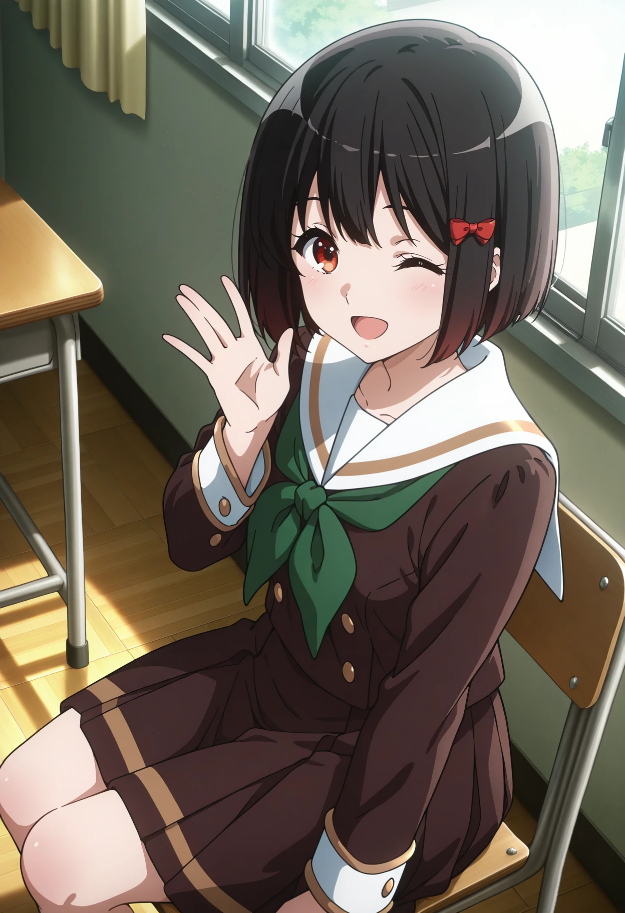 masterpiece,best quality,h_kanade, 1girl, solo, anime coloring, short hair, black hair, red hair bow, red eyes, white sailor collar, school uniform, brown shirt, green neckerchief, long sleeves, brown skirt, pleated skirt, sitting, school chair, one eye closed, open mouth, hand up, looking at viewer, from side, from above, classroom, window,  <lora:h_kanade_IL-100008:0.95>