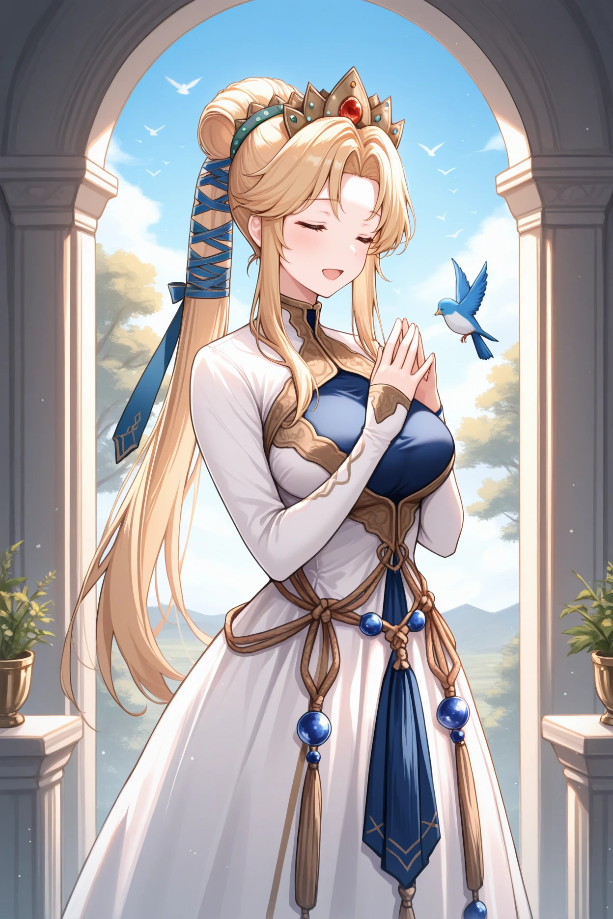 masterpiece, best quality, 1girl, solo,  <lora:fenyna-illu-nvwls-v1-000007:1> nyna, high ponytail, blonde hair, hair ribbon, crown, white dress, long dress, long sleeves, large breasts, happy, open mouth, closed eyes, own hands together, hands up, blue sky, birds, tree, steepled fingers