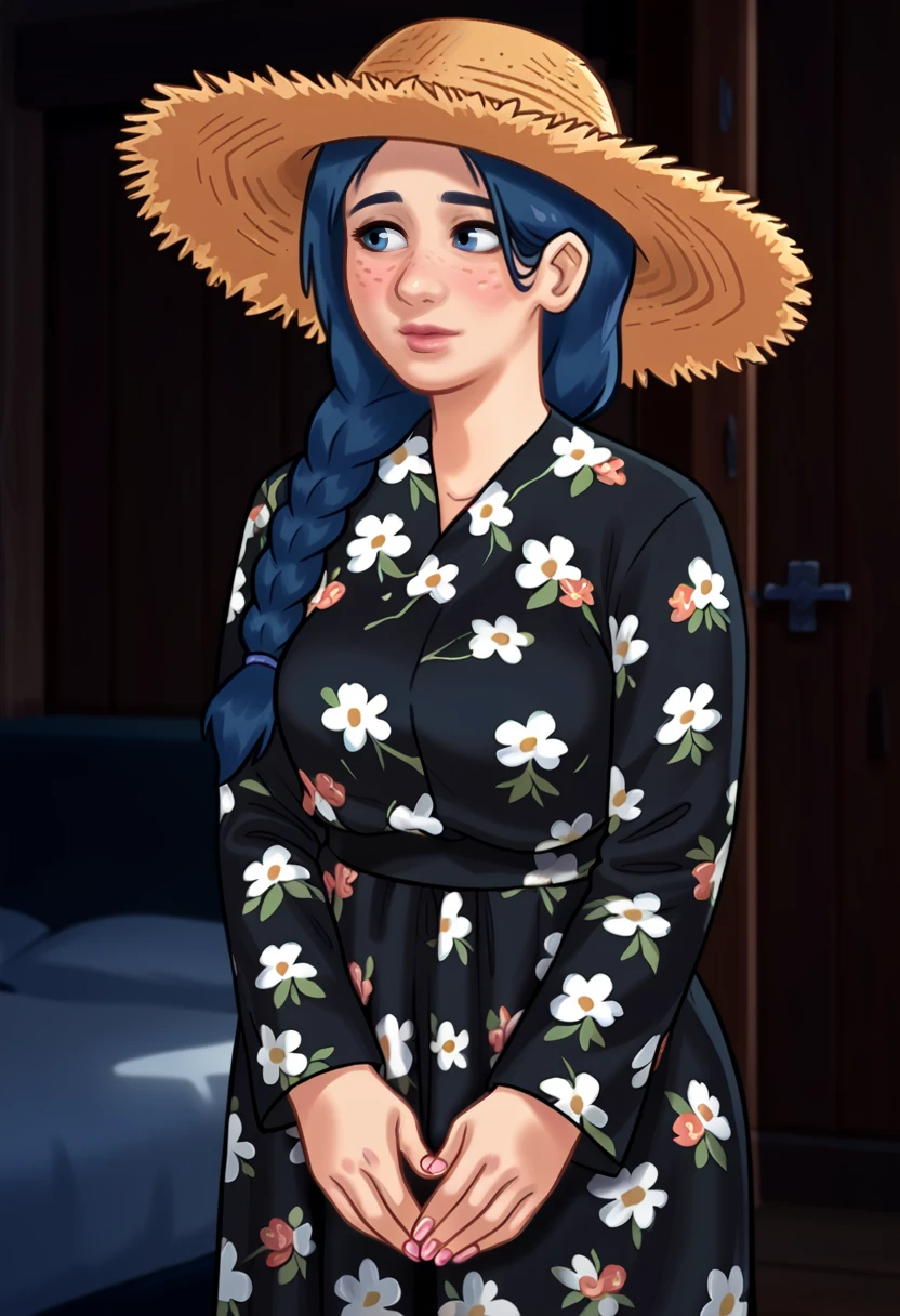 (a photo of JessaMM:1.2), blue hair, long hair, braid, blue eyes, freckles, medium breasts, blush, (plump:0.7), Jessa outfit, floral print, straw hat, black dress, long sleeves, pink nails, score_9, score_8_up, score_7_up, an 8k image of a girl standing (in her bedroom:1.2), (skindentation:1.2), natural lighting, 8k, insane details, detailed face, zPDXL3, <segment:face,0.5,0.6//cid=1>