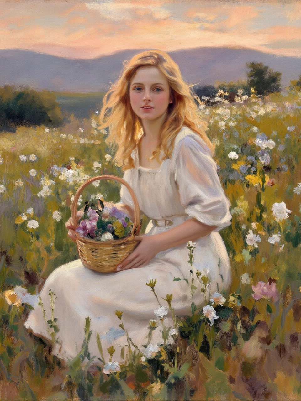 An oil painting, showing a young woman seated in a meadow filled with wildflowers, her golden hair illuminated by the setting sun. She wears a simple white dress, and her hands hold a small woven basket filled with flowers. The background features distant mountains and a sky painted in shades of orange and pink. The brushstrokes are loose and expressive, capturing the movement of the breeze through the grass and her hair.