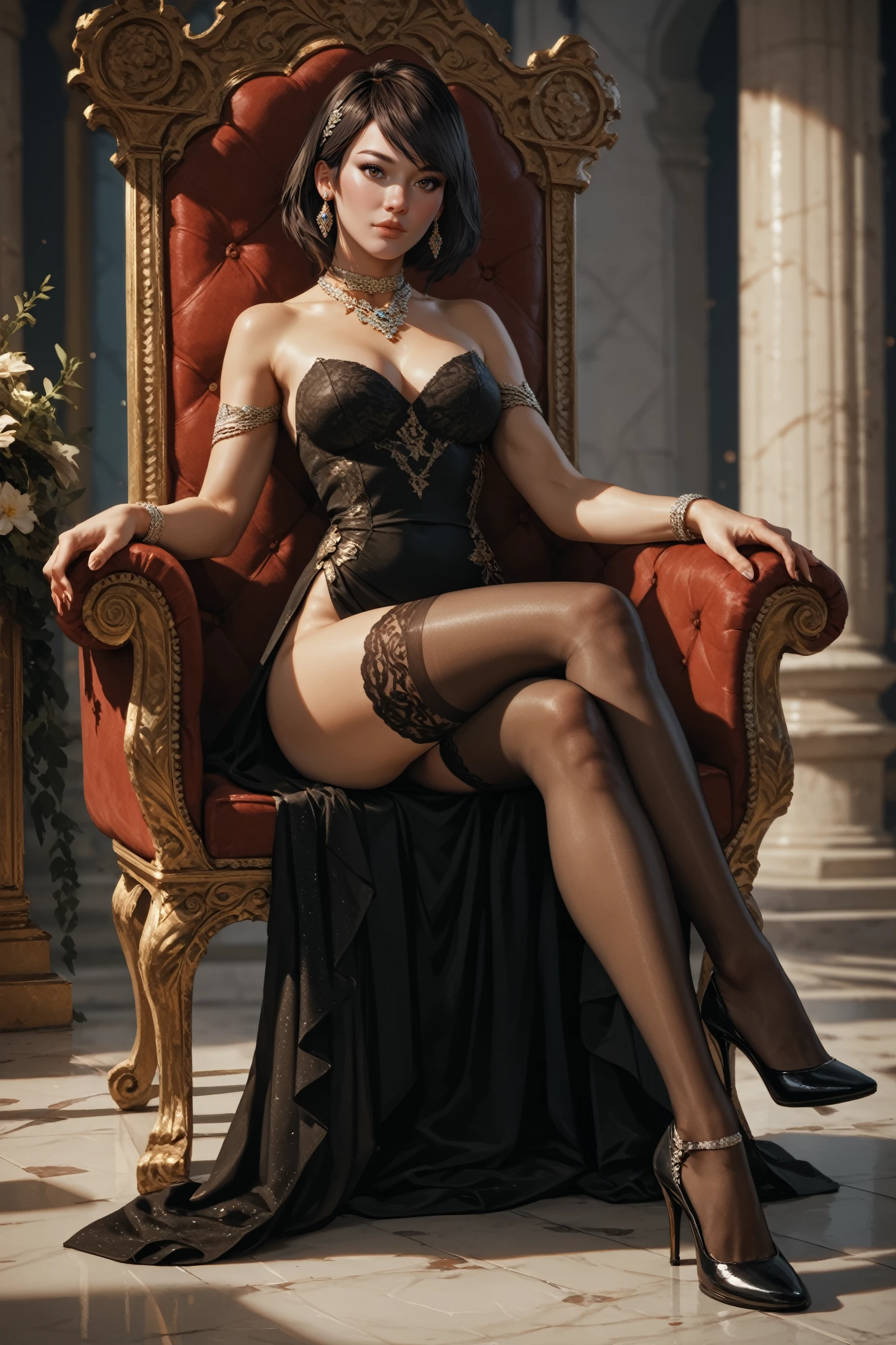 score_9, score_8_up, score_7_up, score_6_up
<lora:TRSam:0.8>
TRSam, 1girl, black hair, brown eyes, looking at viewer, sitting on a throne, legs crossed, thigh highs, high heels, dress, jewelry