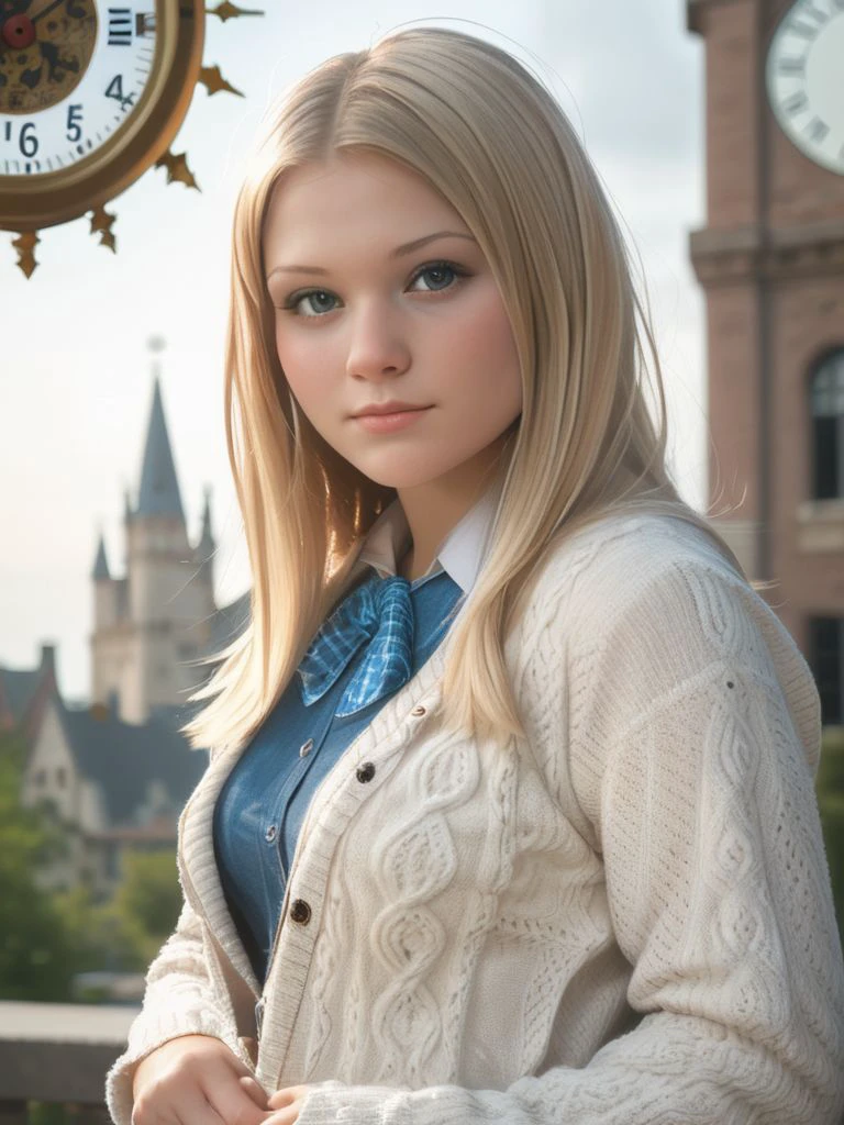 Very pretty 17 year old girl with wavy curly blonde hair and dark gray eyes. Dressed in white button up shirt and blue plaid vest. Background of hogwarts castle. Realistic photograph lifelike, cleavage, thigh, short skirt, sexy, cleavage, thigh, short skirt, sexy, schoolgirl