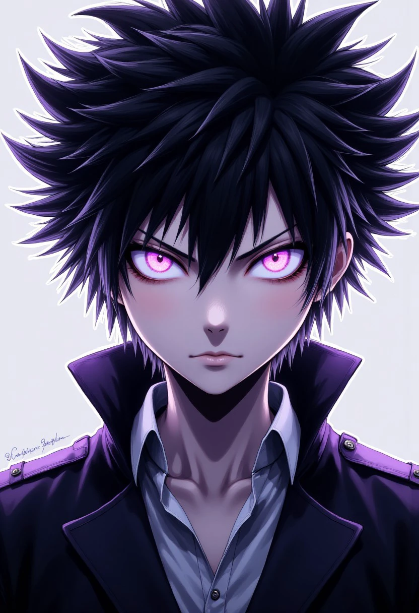 "Create a high-quality, extremely detailed digital artwork in a high-resolution, anime-inspired style. The subject is a striking male character with an androgynous appearance. He has an intense, piercing gaze with striking, glowing purple eyes that stand out vividly against his pale skin and dark hair. His hair is spiky and disheveled, styled in a chaotic, punk-like manner with an emphasis on sharp, jagged edges. The character's expression is both intense and captivating, drawing the viewer into the scene with his powerful presence."