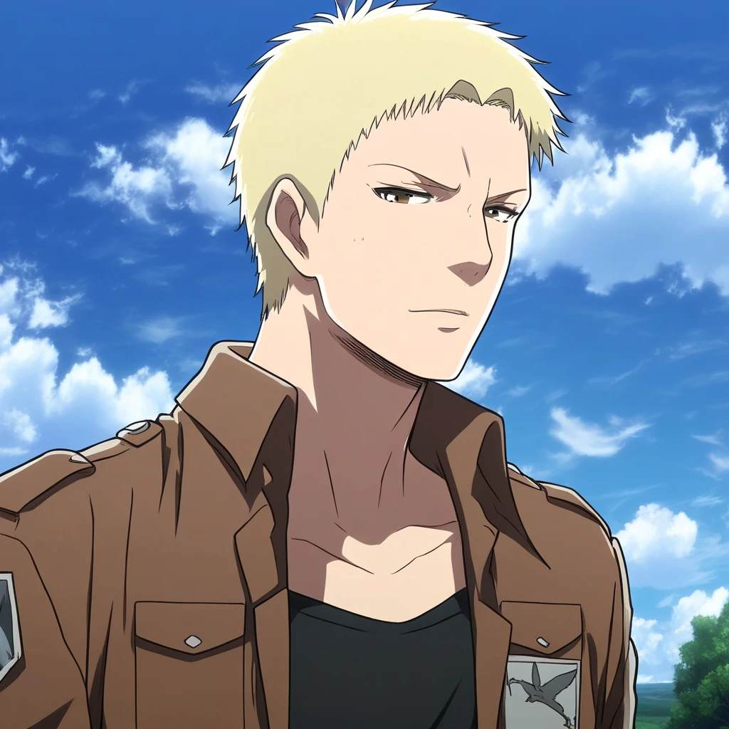 sweatdrop, light brown eyes, short hair, 1boy, cloud, sky, male focus, blonde hair, leather, shirt, official style, jacket, from side