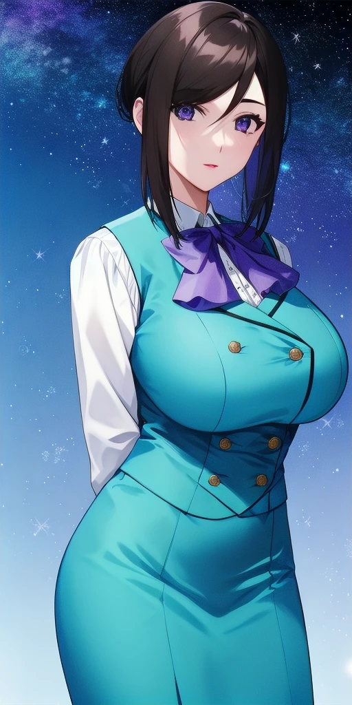 <lora:LinnaYamazakiV2:0.7> linna_yamazaki, huge_breasts, standing, solo, starry_sky, arms_behind_back, white_collared_shirt_purple_ascot_aqua_pencil_skirt_aqua_vest, masterpiece, best_quality, detailed_face, detailed_eyes, highres, beautiful, detailed, absurdres,