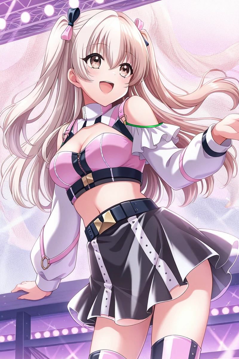 masterpiece, best quality,
 <lora:KokoaIL_r1:1> kokoa, 1girl, solo, skirt, breasts, long hair, smile, thighhighs, cleavage, crop top, black skirt, two side up, long sleeves, brown eyes, medium breasts, :d, stage outfit