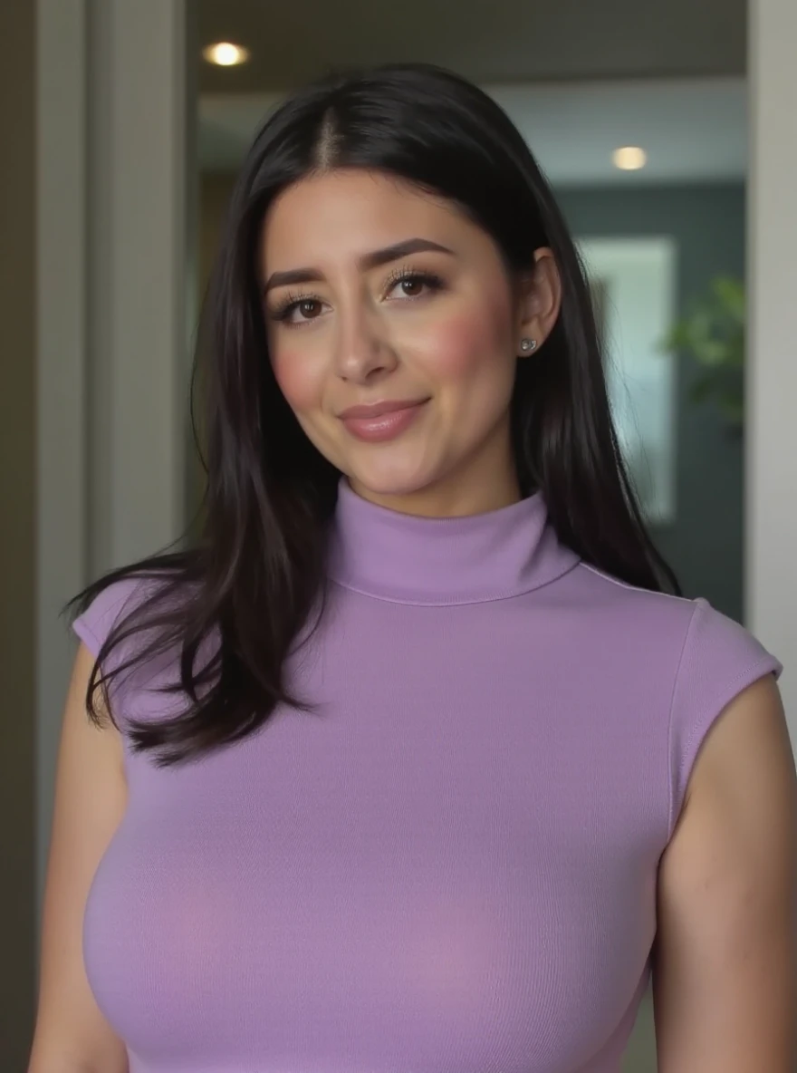 portrait of k4t3st0n3 woman, curvy, on a office, serene and warm, natural lighting, soft focus, high-resolution, elegant and introspective atmosphere, quiet sophistication, wearing a turtleneck yarn light purple blouse, slight smile

