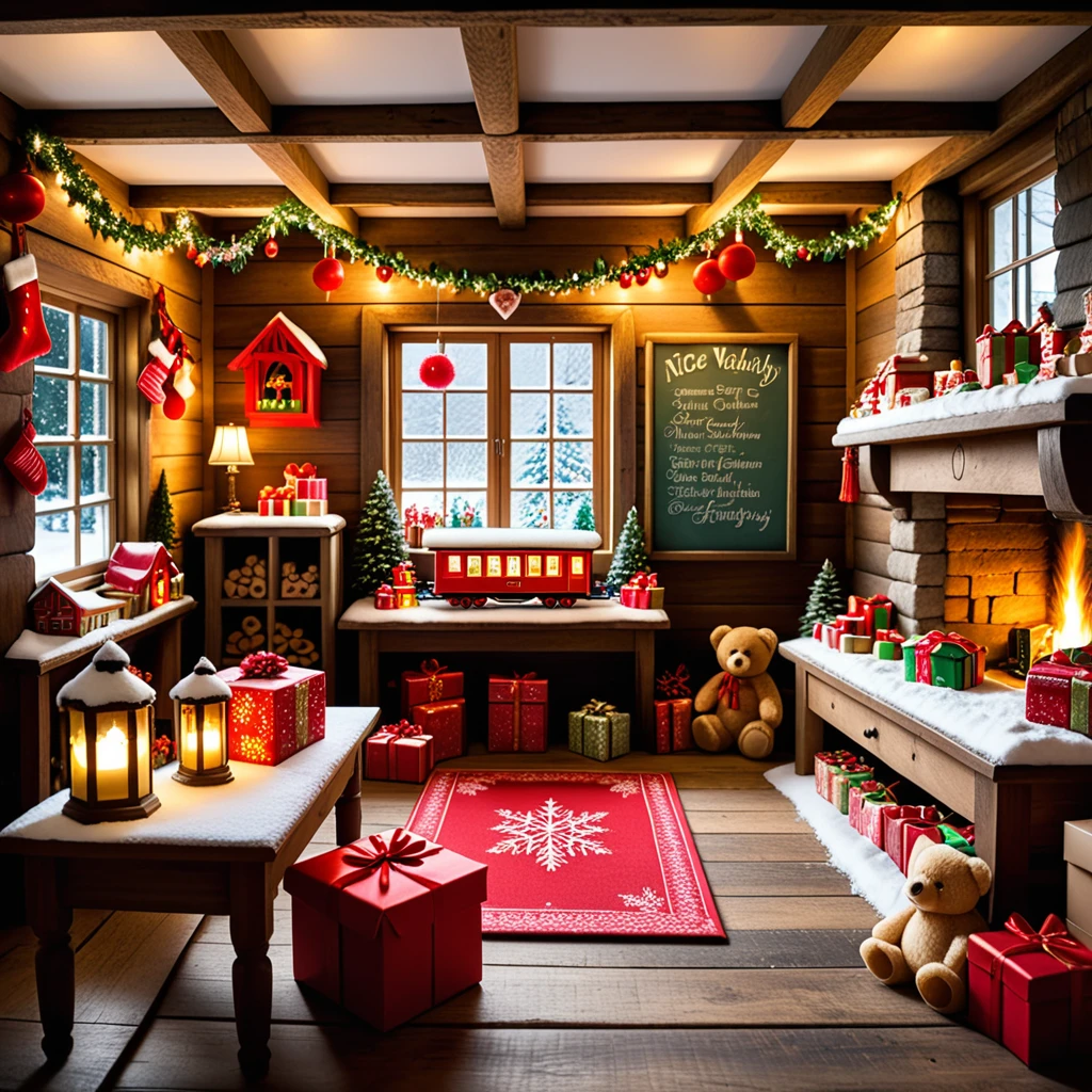 A warm, inviting photograph of Santa Claus's workshop, completely empty yet brimming with festive energy. The room is illuminated by soft golden light from lanterns hanging from wooden beams and a crackling fireplace in the corner. Wooden tables are scattered with tools, paints, and half-assembled toys, including a bright red train, a teddy bear, and colorful wooden blocks. Shelves along the walls overflow with vibrant gift boxes, plush toys, and neatly stacked wrapping paper rolls. The floor is dusted with wood shavings and glitter, adding a sense of activity left behind. Snow-covered windows reveal a faint winter landscape outside, with icicles hanging from the edges. A large chalkboard on one wall lists "Nice & Naughty" names in festive handwriting. The air feels magical, as though the elves just stepped out for a break, leaving the workshop frozen in a perfect holiday moment.<lora:SDXLFaeTastic2400:0.4> <lora:extremely_detailed:0.4> extremely detailed,, Masterpiece,best quality,hi res,8k,hi res,8k,award winning,(sharp focus, intricate, highly detailed),