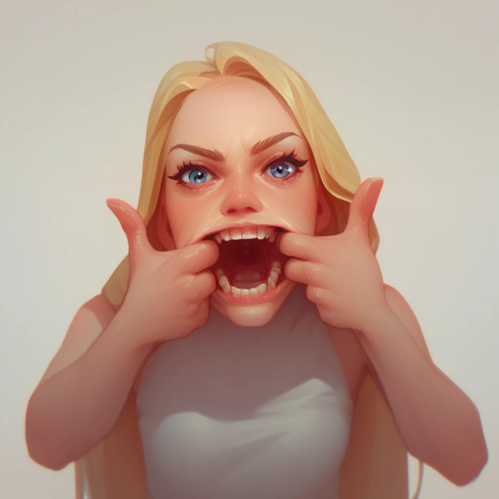 Score_9, score_8_up, score_7_up, f1shh0ok, 1girl, open mouth, blonde hair, mouth pull, teeth, long hair, looking at viewer, open mouth, spread mouth, mouth pull, fingers in mouth, solo