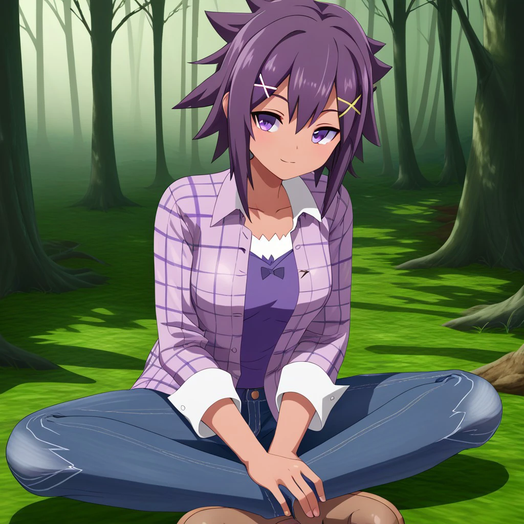 high quality, absurd resolution, 4k, score_7_or_higher, good eyes, vivid image,
1girl, himari_digimon, tan skin, purple hair, purple eyes, flannel shirt, jeans, brown boots
forest, digital artifacts, large capacitors,