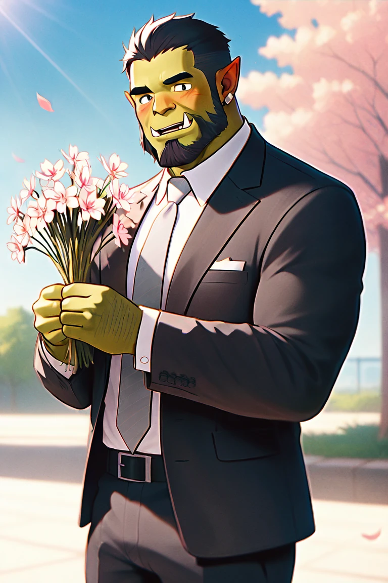 masterpiece, best quality, highres, newest, 1boy, solo, male focus, mature male, orc, green skin, tusks, short hair, black hair, facial hair, beard, muscular, looking at viewer, cowboy shot, formal, black suit, suit, white shirt, collared shirt, grey necktie, long sleeves, smile, blush, holding flower, holding bouquet, standing, outdoors, sky, blue sky, tree, cherry blossoms <lora:OIS - s3 [LoRA] - NoobAI-XL EPS 1.0:1>