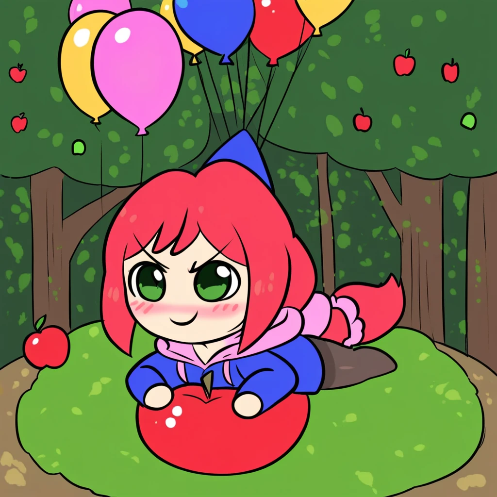 blue jacket, pink hoodie, tree, scrunchie, pink scrunchie, ball hands, on stomach, 1girl, simplistic, card, jacket, short, chibi, riding, balloon, green eyes, hat, pantyhose, frown, apple, solo, undershirt, hood, thighhighs, shortstack, blush, smile, food, holding