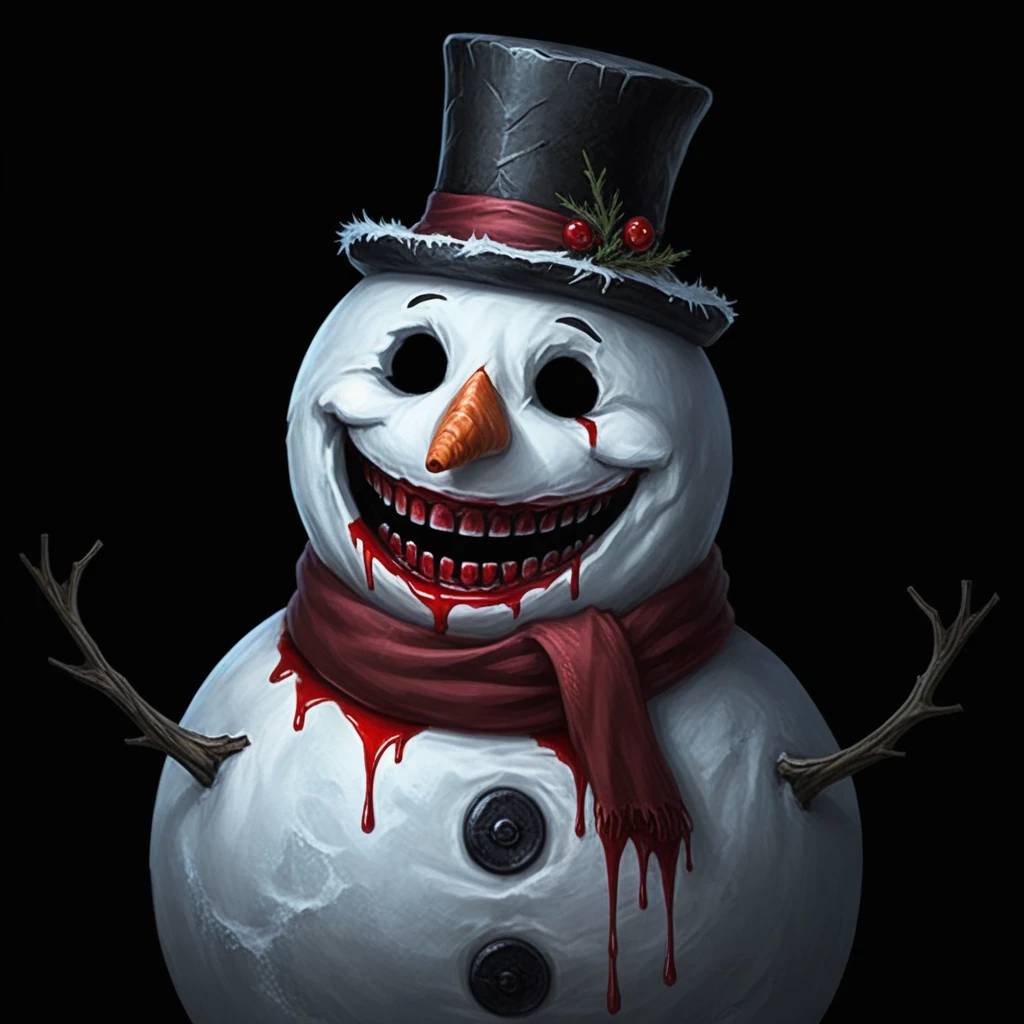 (((black background, simple background))),masterpiece,best quality,great quality,good quality,gmic_\(anheifeng\),A creepy snowman, blood, creepy vibe, smile, teeth,<lora:gmic icon_g67icon-000014:0.5>,