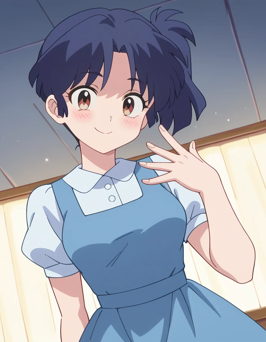 score_9, score_8_up, score_7_up, source_anime, <lora:akane-tendou-s1-ponyxl-lora-nochekaiser:1>, akane tendou, short hair, black hair, brown eyes, blue hair, sidelocks, medium breasts, anime screencap,, school uniform, pinafore dress, short sleeves, collared shirt, puffy sleeves, blue dress,, runway, planes, lights, takeoff, landing, smile, <lora:sidetail-miku-noodle-stopper-ponyxl-lora-nochekaiser:1> sidetail miku noodle stopper, sidetail miku noodle stopper (meme), meme, side ponytail, hand up, blush, smile, bed room,, cowboy shot, looking at viewer,, looking at viewer, solo,, dutch angle, cowboy shot