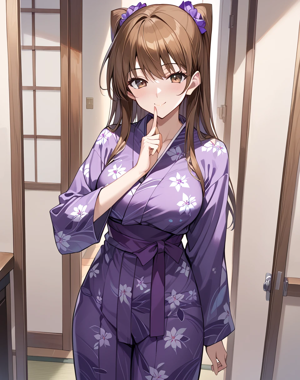 ogiso_setsuna, long hair, brown hair, two side up, brown eyes, breasts, japanese clothes, yukata,yagasuri purple hakama  BREAK indoors, japanese interior, pov doorway  BREAK looking at viewer, front view, standing, facing viewer, naughty face, smile, finger to mouth, shushing BREAK score_9, score_8_up, score_7_up, source_anime ,zPDXL, <lora:Ogiso_Setsuna:0.8>