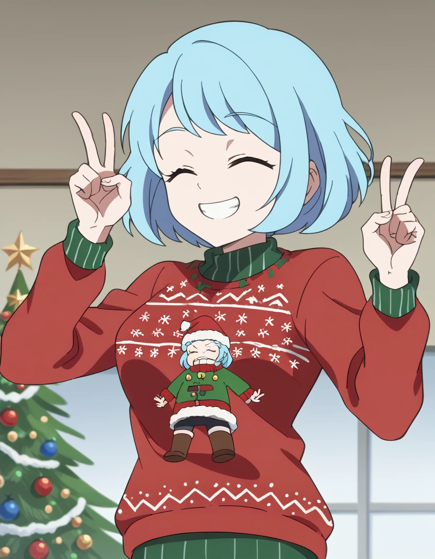 score_9, score_8_up, score_7_up, source_anime, <lora:meru-shirayama-s1-ponyxl-lora-nochekaiser:1>, meru shirayama, short hair, blue eyes, blue hair, medium breasts, anime screencap,, <lora:christmas-sweater-ponyxl-lora-nochekaiser:1>, christmas sweater, christmas, ugly sweater, print sweater, red sweater, christmas tree, christmas ornaments, sweater, multicolored sweater, , v, smile, hands up, teeth, closed eyes, cowboy shot,, , dutch angle, cowboy shot