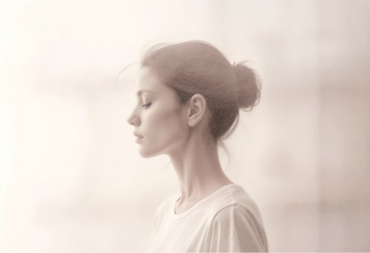 an aesthetic, minimalist depiction of a female profile in side view. she wears a t-shirt. The focus is on the soft contours and calm, monochromatic tones. The scene feels mystical and dreamy, almost as if viewed through a delicate mist, with gentle light accentuating the silhouette. The background is diffuse and creamy white, drawing attention to the elegant simplicity of the figure.