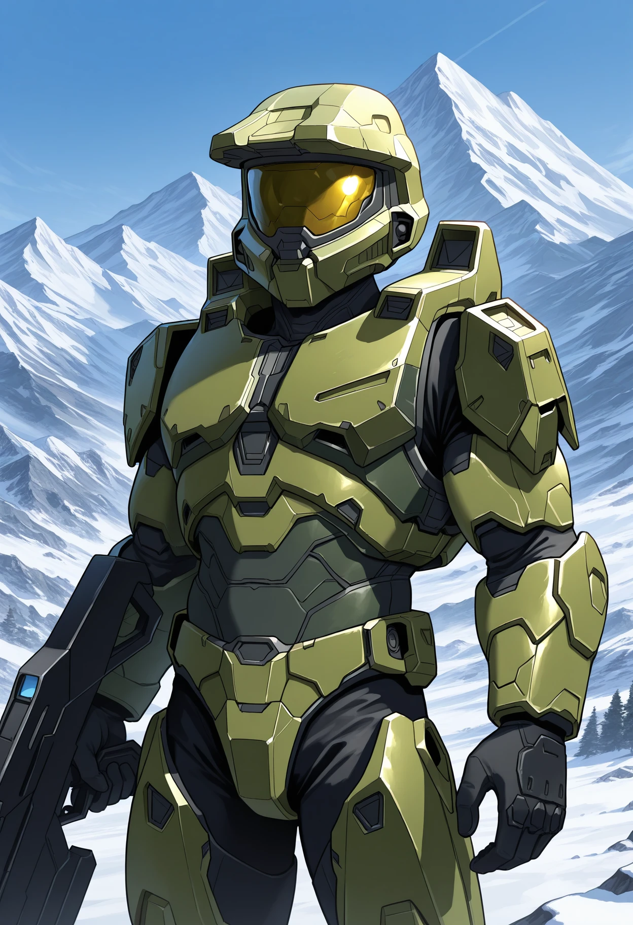 outside, mountain, master chief, helmet, armor, holding weapon, detailed body, detailed background, perfect anatomy, masterpiece, high quality, best quality, <lora:detailed_notrigger:1> <lora:ClaytonCarmine_Doomguy_MasterChief_V1_ILXL:1>