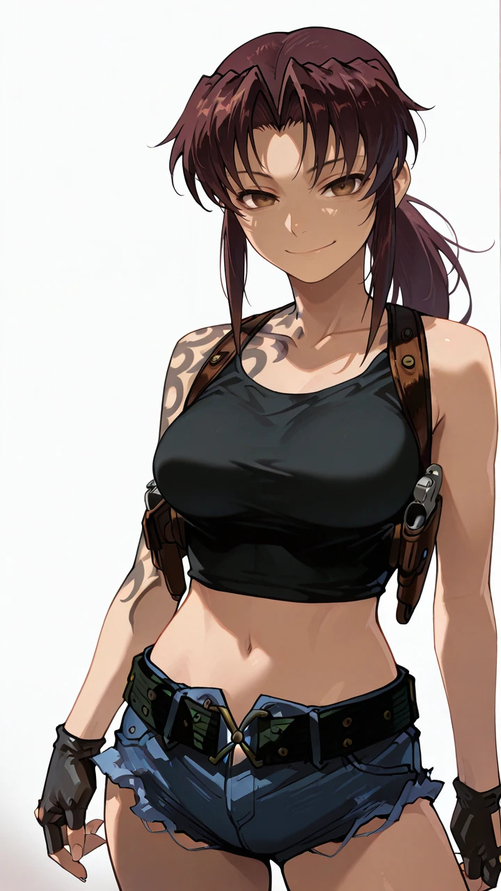 HDR,8K,high contrast,masterpiece,best quality,amazing quality,superabsurd res,high resolution,ultra-detailed,absurdres,newest,revy,smile,1girl,(black lagoon),gloves,fingerless gloves,shorts,solo,tattoo,crop top,navel,denim shorts,midriff,ponytail,denim,tank top,brown hair,breasts,belt,black gloves,long hair,shoulder tattoo,shoulder holster,white background,brown eyes,holster,medium breasts,cowboy shot,looking at viewer,<lora:revy_illustrious_0007:1>,