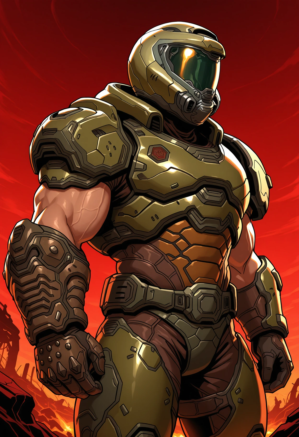 outside, red sky, hell, doomguy, doom \(series\), helmet, armor, muscular, detailed body, detailed background, perfect anatomy, masterpiece, high quality, best quality, <lora:detailed_notrigger:1> <lora:ClaytonCarmine_Doomguy_MasterChief_V1_ILXL:1>