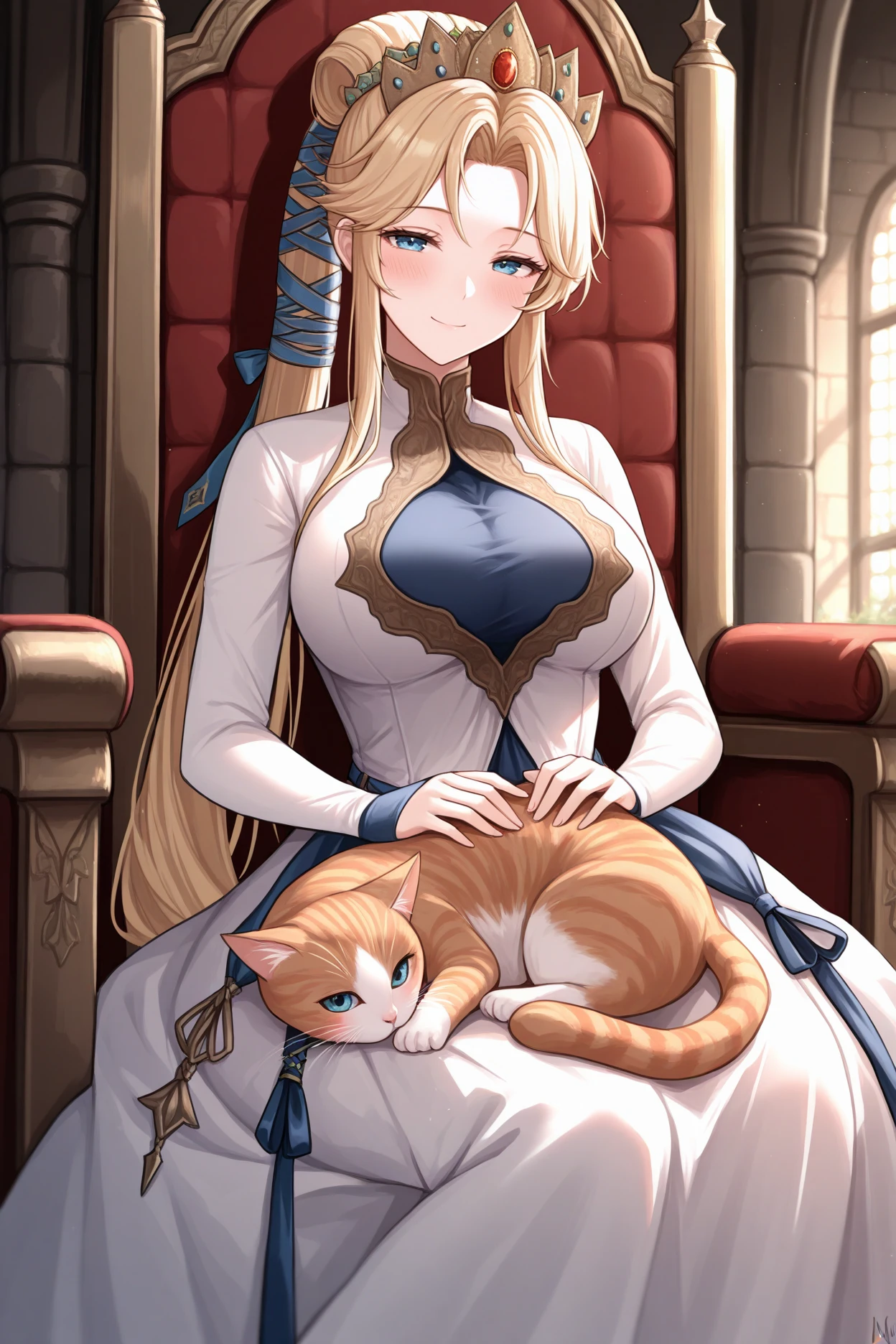 masterpiece, best quality, 1girl, solo,  <lora:fenyna-illu-nvwls-v1-000007:1> nyna, high ponytail, blonde hair, hair ribbon, crown, white dress, long dress, long sleeves, large breasts, looking at viewer, sitting, throne, cat in lap, smile, half-closed eyes, blush, indoors, medieval