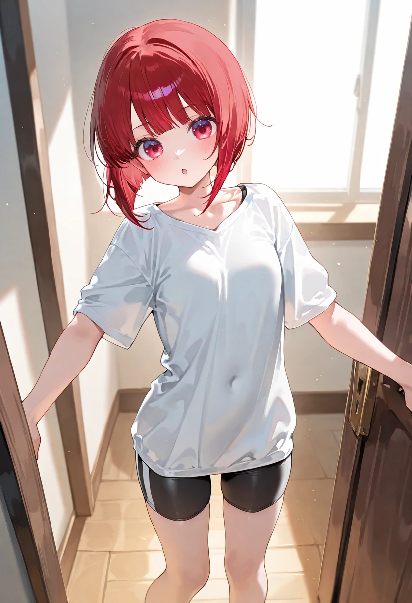 masterpiece, best quality, amazing quality, very aesthetic, newest, general, 
solo, arima kana, oshi no ko, red eyes, red hair, short hair, inverted bob, small breasts, :o, 
t-shirt, black bike shorts, standing, outstretched arms, 
Great Room, 
(ningen mame:0.65), (ciloranko:0.7), (signalviolet:0.4), (ebifurya:0.55), (ke-ta:0.5), (toosaka asagi:0.6), (nishiya futoshi:0.3), (zen \(kamuro\):0.55), (ishikei:0.3), <lora:nyalia:0.15>, <lora:dj_sloppa_ill_v2:0.3>,