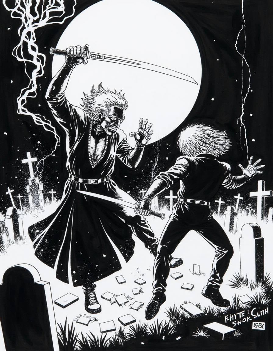 A disncty noir style comic illustration, stark black-and-white contrast, Two spectral warriors clash in a fog-shrouded cemetery at midnight, one wielding a blade forged from swirling smoke, the other brandishing a sword of radiant light. Gravestones around them crack and crumble from the force of their strikes. A low-hanging moon casts elongated shadows that flicker and dance with their movements. The air is filled with mist and glowing particles, creating a scene charged with tension and ethereal beauty. Rendered in a dark fantasy style with dynamic lighting and high-definition detail.,<lora:sin-city_v20-000120:1>