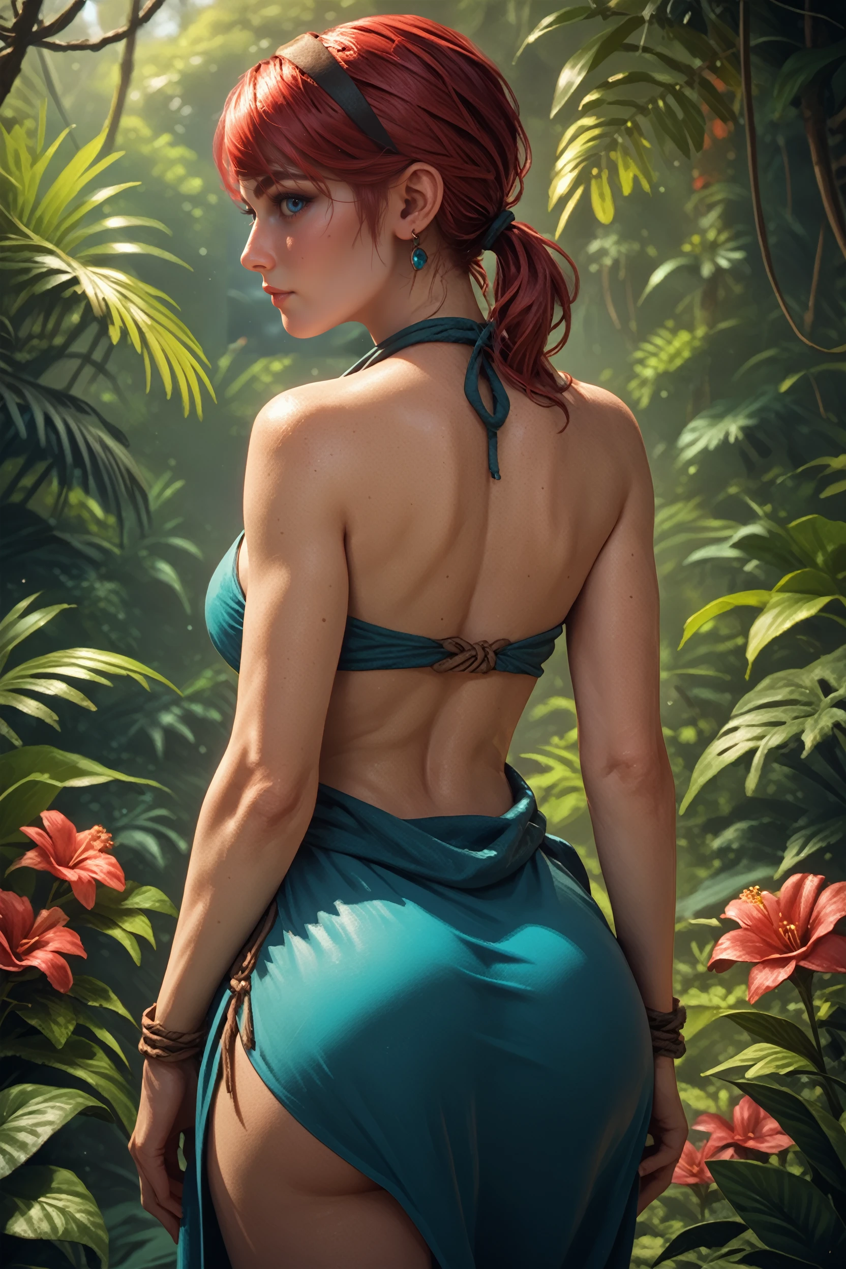 score_9, score_8_up, score_7_up, score_6_up
<lora:PMelie:0.8>
PMelie, 1girl, red hair, ponytail, blue eyes, hairband, looking at viewer, in a lush jungle with vibrant flowers, from behind, looking back