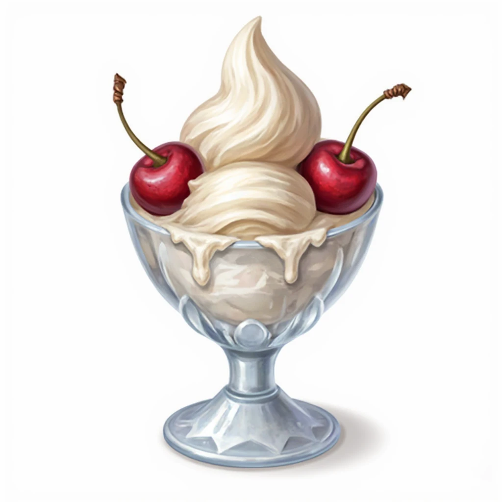 gmic_\(anheifeng\),A crystal goblet of ice cream with two cherries on it, (( White background, simple background))),masterpiece,best quality,great quality,good quality