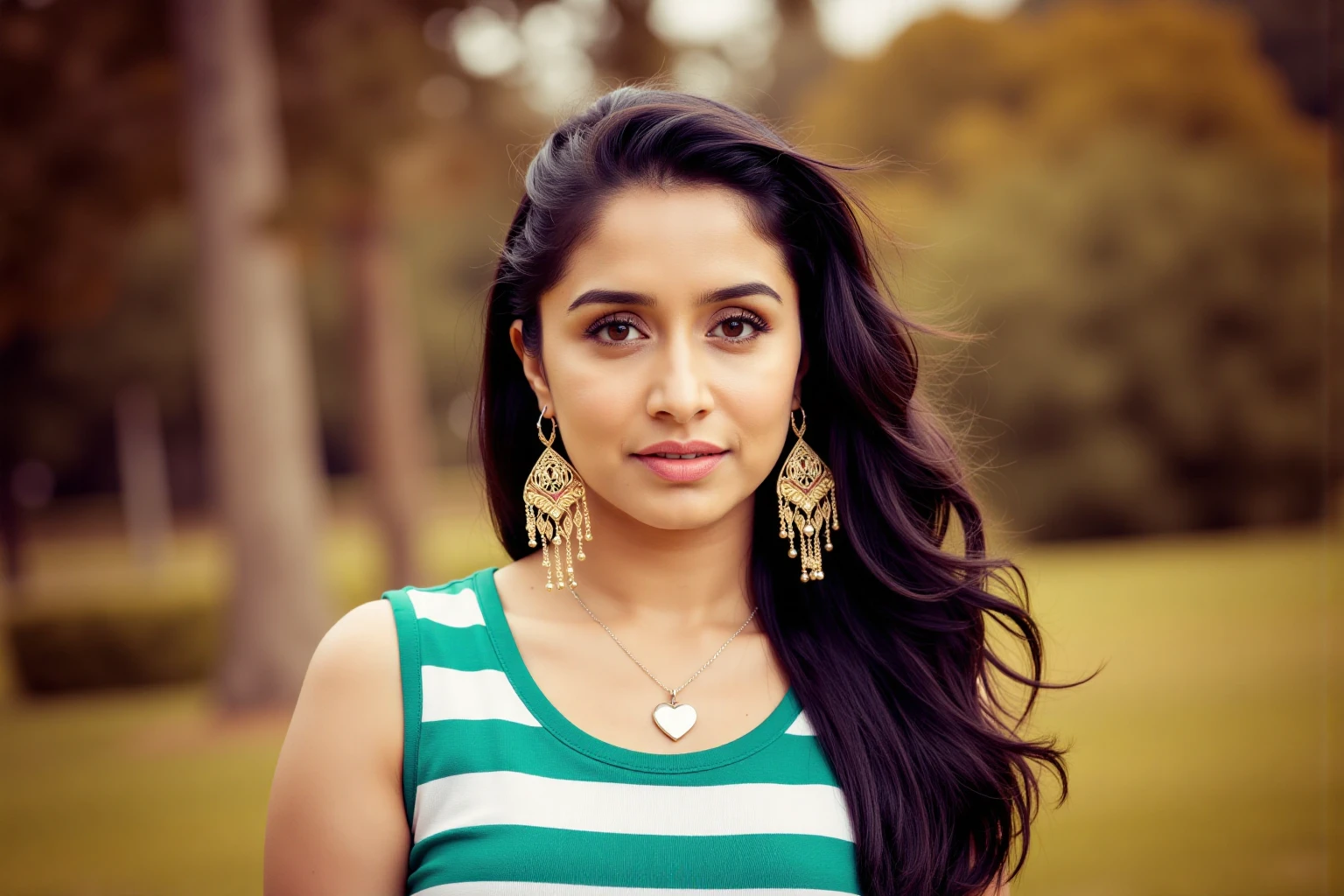 shraddhakaukohwx with thoughtful expression, long dark hair styled in a soft wave.  She wears a teal and white striped sleeveless top.  Large, layered, ornate gold-toned earrings adorn her ears, cascading in a delicate, filigree design. A simple heart-shaped pendant dangles from a delicate silver chain around her neck.  Soft lighting and a slightly blurred background create a warm, natural ambiance.  The setting appears to be an outdoor park or garden with a background of out-of-focus greenery in warm, muted tones of brown and green.  The subject gazes directly at the camera, her eyes are soft, and her expression is neutral, but pensive.  The portrait is well-composed, focusing on the girl's face and shoulders, with the background intentionally out of focus.  The overall image evokes a natural, serene mood, with a subtle vintage or slightly sepia-toned effect.  The camera angle is slightly above eye-level and creates a welcoming, approachable feel.
