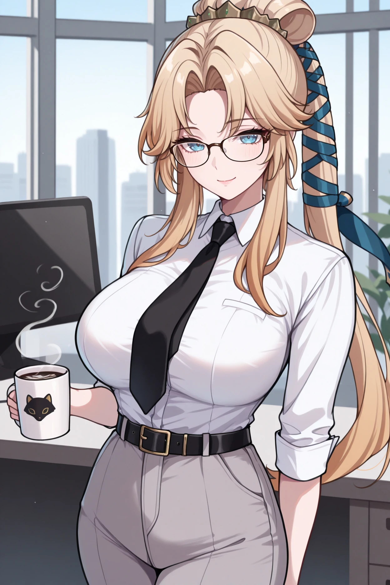 masterpiece, best quality, 1girl, solo, <lora:fenyna-illu-nvwls-v1-000007:1> nyna, high ponytail, blonde hair, hair ribbon, white shirt, collared shirt, large breasts, black necktie, grey pants, belt, looking at viewer, smile, office, glasses, holding coffee mug