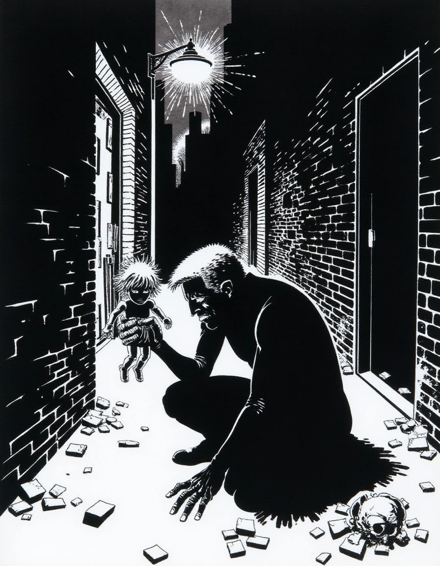 A disncty noir style comic illustration, stark black-and-white contrast, A gaunt silhouette crouches in the shadowy recesses of a deserted urban alley, where crumbling brick walls loom above. The faint glow of a solitary streetlamp casts a sickly light, flickering intermittently and illuminating patches of decay. In its grasp, it clutches a frayed, tattered doll whose features are worn away, reflecting the disarray of the surroundings. The air hangs heavy with a stench of dampness and despair, broken only by the distant sounds of muffled footsteps echoing off the walls, creating a palpable tension of isolation and unease, as if forgotten memories linger just out of sight.,<lora:sin-city_v20-000120:1>